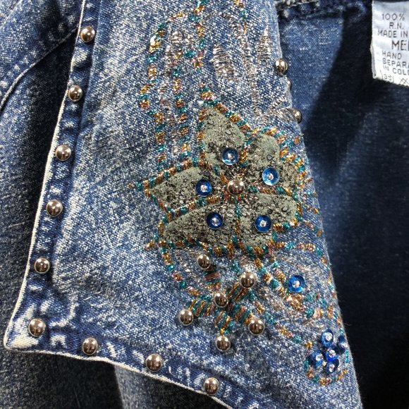 Ladies 1980's Denim Trench Coat with Embroidery and Studding Size Medium - Picture 3 of 8